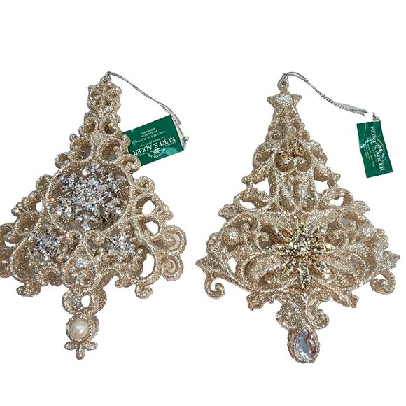 2 Kurt S. Adler Platinum Glitter Christmas Tree Shaped Ornaments Pearl Clear Gem - Picture 1 of 10